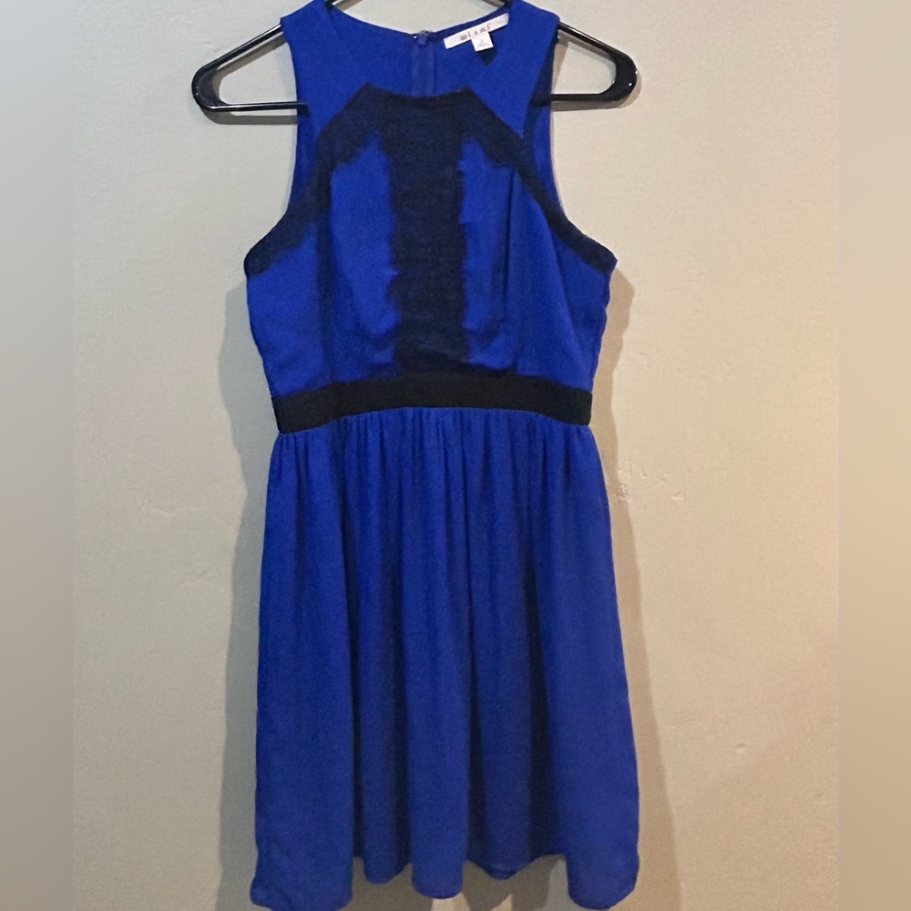 Blue Sleeveless Mini Dress With Black Lace Accents Made By Miami. Women’s Small.